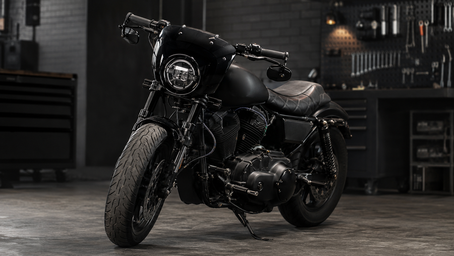 Schwarzes Clubstyle Motorrad mit kompakter Scheinwerfermaske