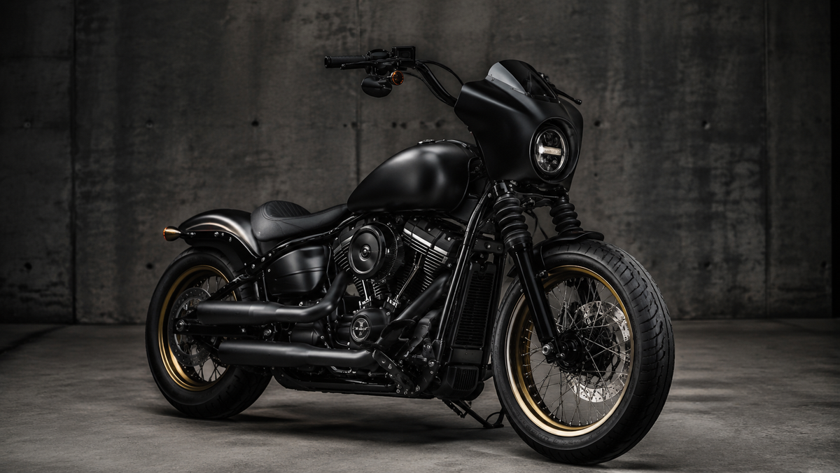 Schwarzer Bobber mit ausgewählten Umbauten in einer dunklen Werkstatt