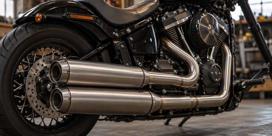 Illustratives Motiv einer Auspuffanlage am Custom-Motorrad