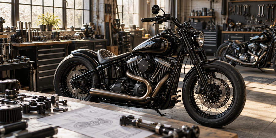 Illustratives Custom-Bike in einer Werkstatt