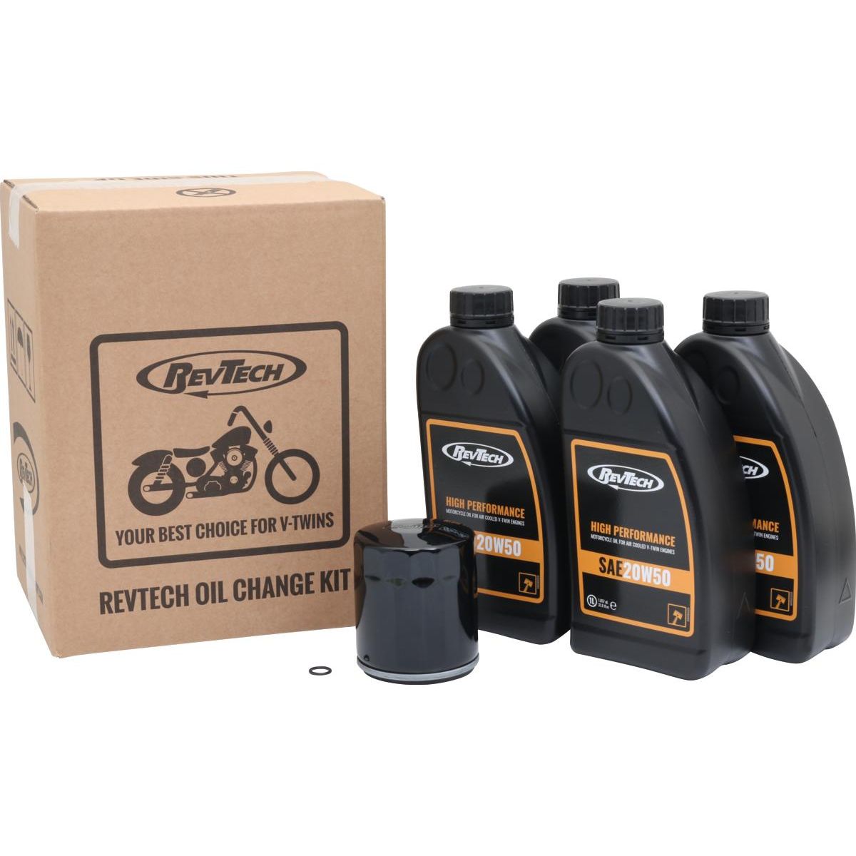 RevTech Ölwechsel-Kit 4 Liter SAE 20W50 für Harley-Davidson Twin Cam mit schwarzem Ölfilter